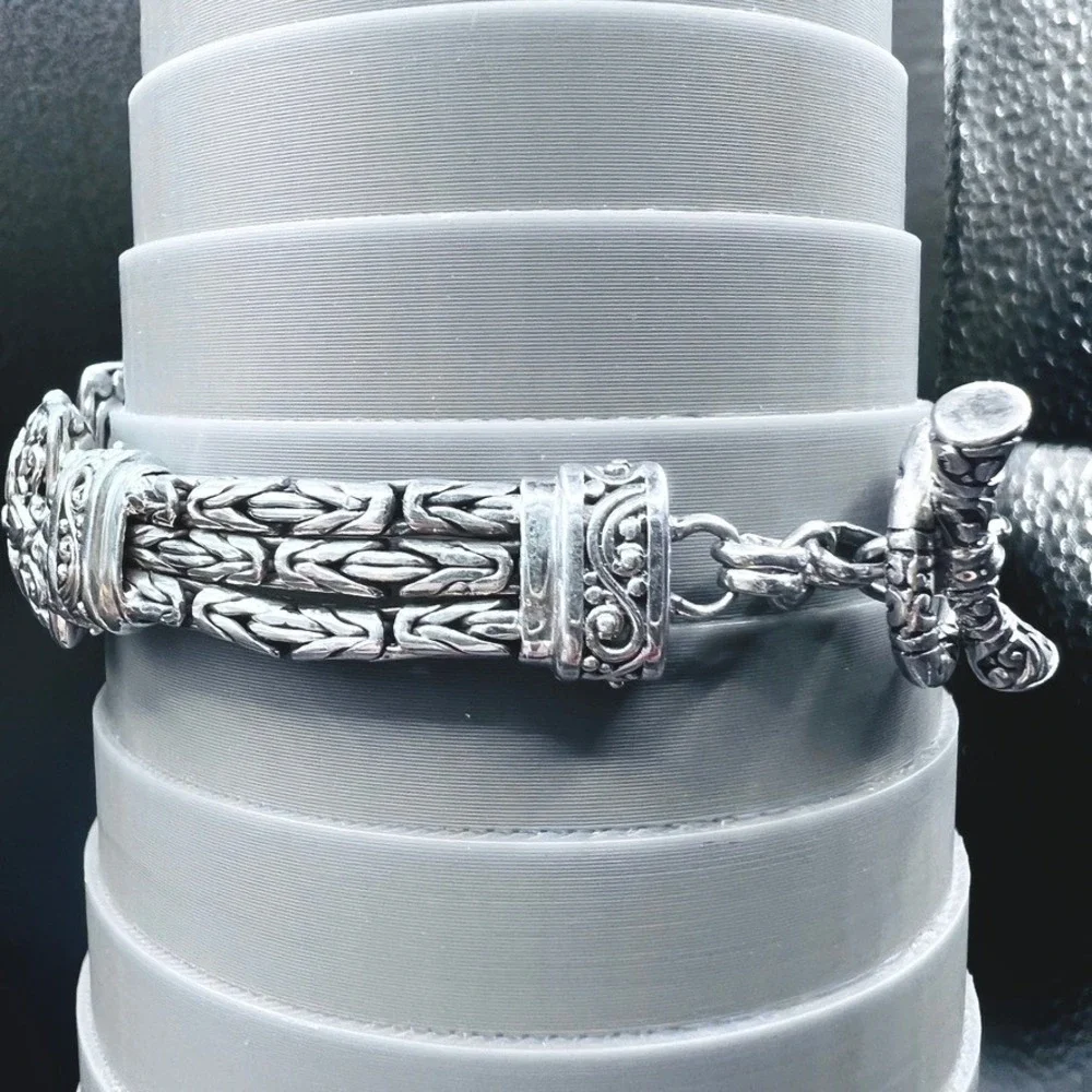 Sterling Silver Sarda Panel Bracelet Raised Square Floral Toggle Clasp Open Work